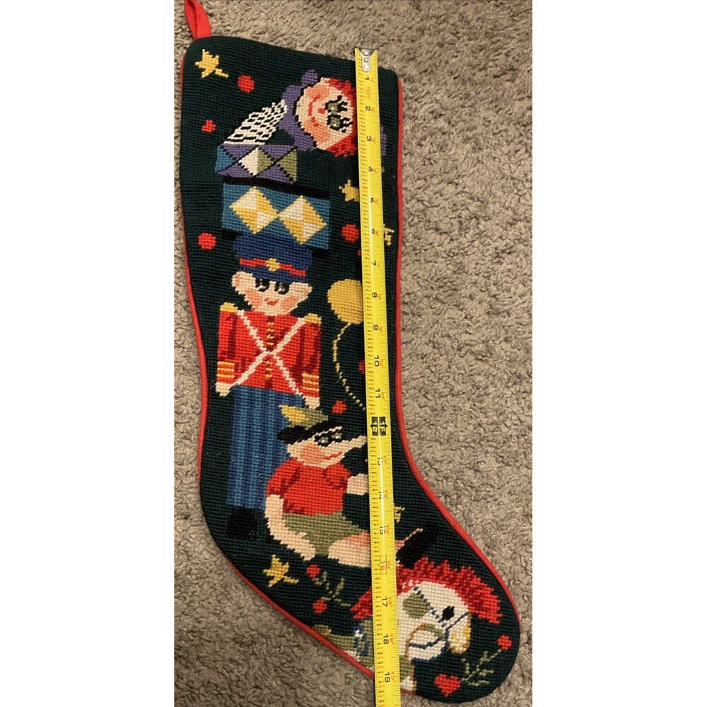 Vtg Christmas Jack-in-the Box, Toys. Soldier Stocking Handmade Green Needlepoint